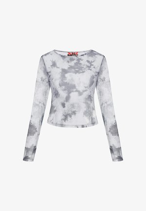 Hosszú ujjú, testhezálló rövid felső szürke és fehér batikolt mintával, kerek nyakkivágással és enyhén ívelt szegéllyel.