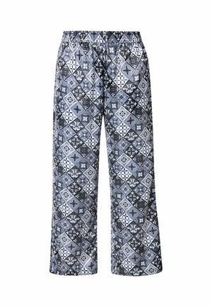 Värikäs housut löysällä mitoituksella, joissa on timanttimuotoilu mustassa, valkoisessa ja harmaan sävyissä; joustava vyötärö mukavuutta varten.