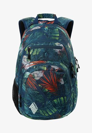 Marineblauer Rucksack mit einem tropischen Blättermuster, das grüne und orange Akzente aufweist. Mehrere Fächer und Reißverschlüsse, aus strapazierfähigem Material.