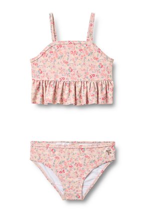 Pink blomster-to-delt badedragt med flæset tanktop og matchende bikini-bund til børn, letvægtsstof med små blomsterprint.