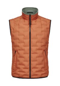 Padded vest in orange with a high collar, full zipper, and side pockets. Smooth texture with a quilted pattern and black accents.