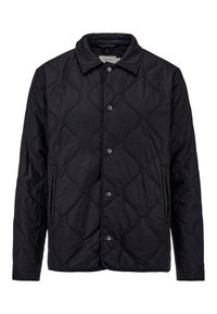 Schwarze gesteppte Jacke mit subtilen Wellenmuster, mit Kragen, Druckknöpfen und zwei Seitentaschen. Strukturiertes Stofffinish.