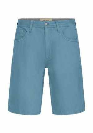 Jasnoniebieskie szorty bawełniane z zamkiem błyskawicznym, szlufkami na pasek i przednimi kieszeniami. Prosty krój z czystym wykończeniem i minimalnym zdobieniem.