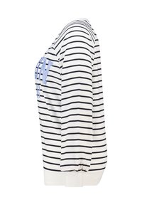 Gestreepte trui in wit en marineblauw, voorzien van een ronde hals, lange mouwen en elastische manchetten met zachte stof. Tekstdetail in lichtblauw.