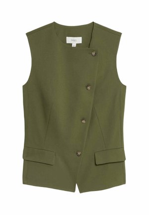 Gilet sans manches vert olive avec un col rond, fermeture à boutons sur le devant et deux poches latérales ; fabriqué dans un tissu structuré.