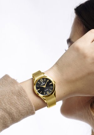 Orologio con cinturino in maglia dorata e quadrante nero, dotato di marker delle ore e marchio "Festival". Cassa rotonda, finitura liscia e vetro zaffiro.