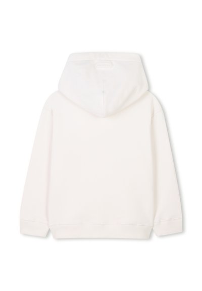 Felpa bianca con cappuccio, caratterizzata da una texture liscia, con orlo a coste e fodera morbida. Sul retro presenta un dettaglio logo discreto sopra il colletto.