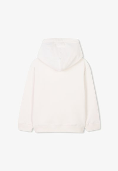 Felpa bianca con cappuccio, caratterizzata da una texture liscia, con orlo a coste e fodera morbida. Sul retro presenta un dettaglio logo discreto sopra il colletto.