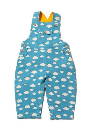 Blue overalls with white cloud pattern, featuring yellow lining, adjustable straps, front pocket, and wooden button fastenings.