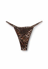 Stringi w leoparda wykonane z miękkiego materiału. Posiadają przezroczystą koronkową lamówkę z przodu oraz cienkie, regulowane ramiączka. W kolorach jasnobrązowym i czarnym.