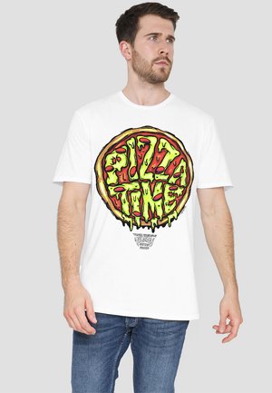 White cotton t-shirt featuring a colorful graphic of a pizza with dripping green accents and the text "PIZZA TIME" in bold lettering.
