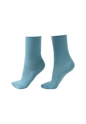 Pair of plain light blue ankle socks shown on foot-shaped displays against white background.