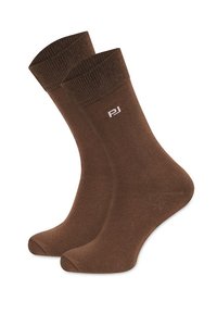 Brązowe skarpetki bawełniane z prążkowanym wykończeniem i małym białym logo, charakteryzujące się gładką teksturą i standardową długością sięgającą do kostki.