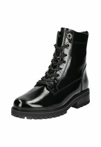 Zwarte veterschoenen tot de enkels met een glanzende patina-finish. Voorzien van metalen oogjes, robuuste zolen en een versterkte neus voor duurzaamheid.