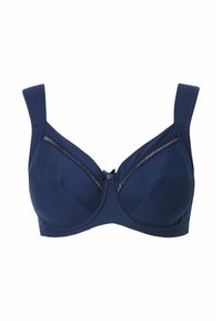 Marineblauwe beha met brede banden, een gladde textuur en een decoratieve ritsdetails aan de voorkant. Bevat een centrale strikaccent.