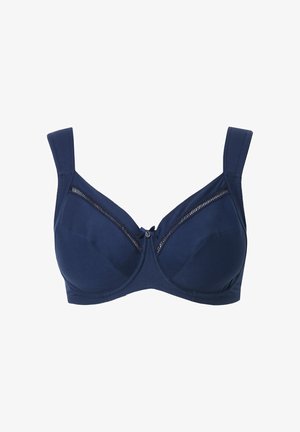 Marineblauer BH mit breiten Trägern, glatter Textur und dekorativem Reißverschlussdetail vorne. Mit einer zentralen Schleifenakzent.
