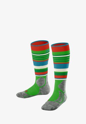Jasno kolorowe skarpetki do kolan z czerwonymi, zielonymi, niebieskimi i białymi paskami. Materiał jest miękki z teksturowanymi szarymi akcentami i wzmocnionym piętą.