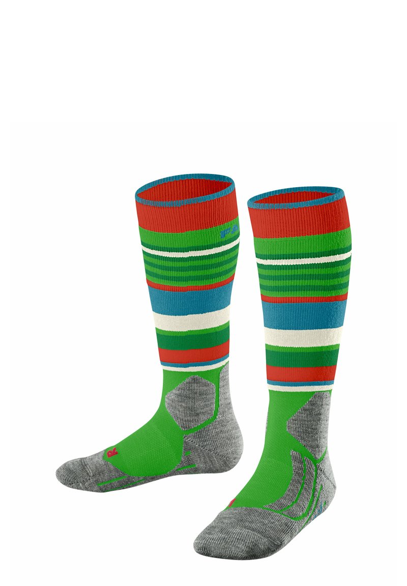 Calzini alti colorati con strisce rosse, verdi, blu e bianche. Il materiale è morbido con accenti grigi testurizzati e tallone rinforzato.