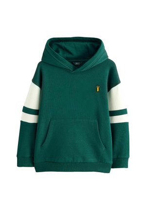 Hoodie vert en mélange de coton, doté d'une poche kangourou, de rayures blanches sur les manches et d'un petit logo de homard jaune sur la poitrine.