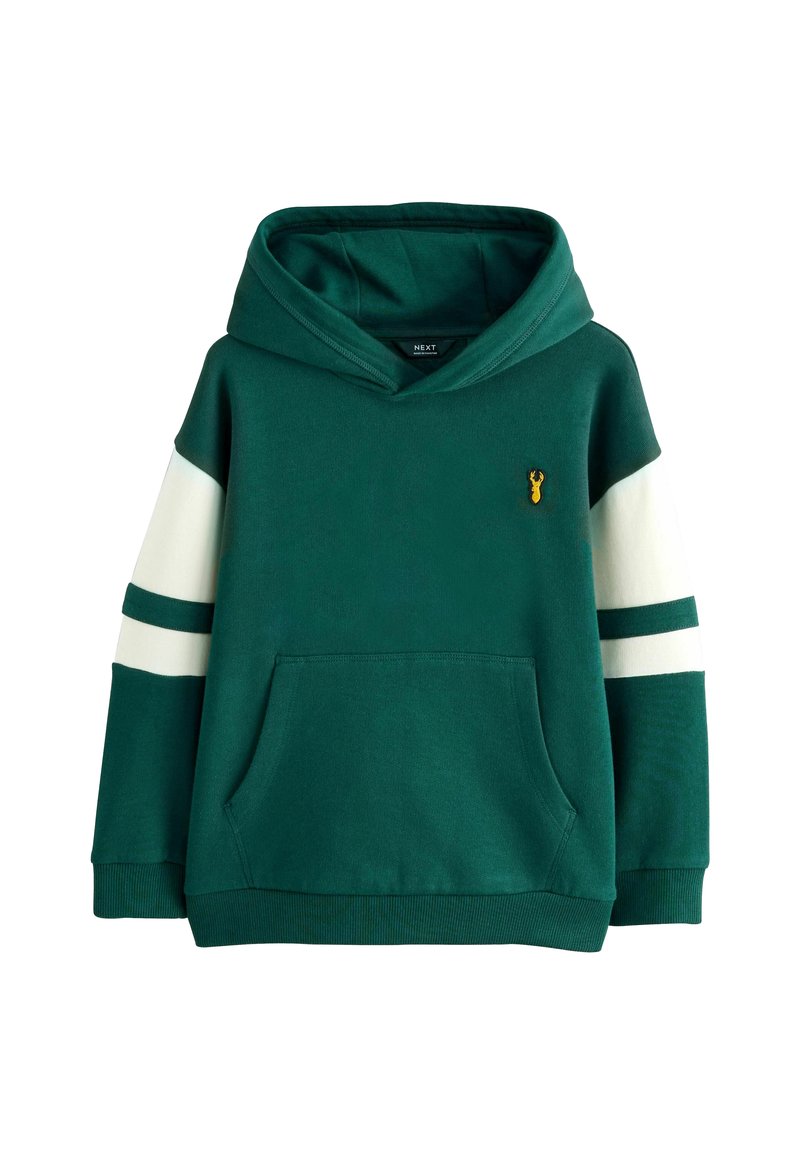Hoodie vert en mélange de coton, doté d'une poche kangourou, de rayures blanches sur les manches et d'un petit logo de homard jaune sur la poitrine.