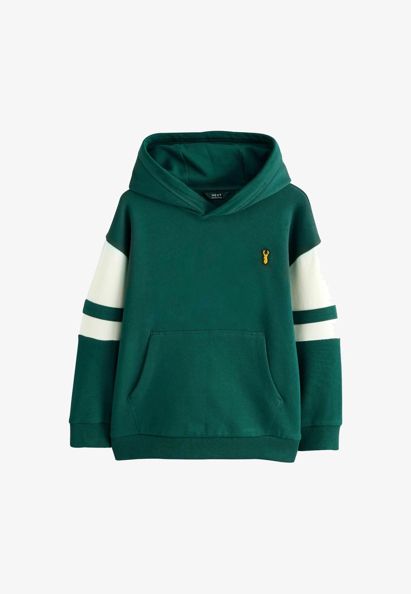 Grüne Kapuzenjacke aus Baumwollmix, mit einer Kängurutasche, weißen Streifen an den Ärmeln und kleinem gelben Hummer-Logo auf der Brust.