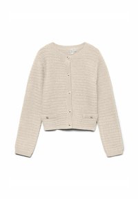 Cardigan di colore crema con una texture morbida, collo rotondo, bottoni frontali e due piccole tasche con dettagli in oro. Lunghezza cropped e maniche lunghe.