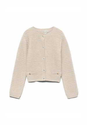 Crème gekleurde cardigan met een ronde halslijn, voorknopen en twee kleine zakken met gouden hardwareaccenten. Kortere lengte en lange mouwen.