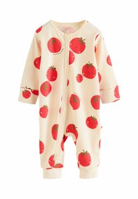 Crèmekleurige geribbelde baby romper met rode lachende tomaatprints en groene stelen, voorzien van een ritssluiting aan de voorkant en lange mouwen.