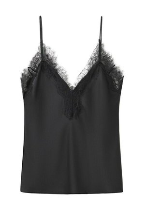 Caraco en satin noir avec fines bretelles réglables et délicate bordure en dentelle le long de l'encolure et des bords supérieurs.