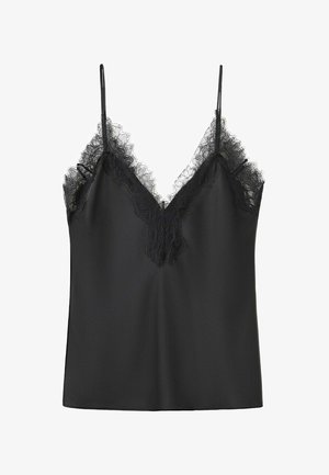 Caraco en satin noir avec fines bretelles réglables et délicate bordure en dentelle le long de l'encolure et des bords supérieurs.