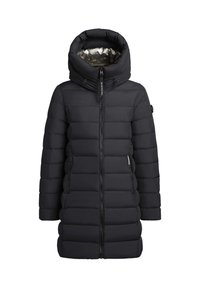 Black puffer coat with a high collar, zip closure, and side pockets. Features horizontal stitching and a shiny silver interior lining.