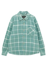 Camicia in flanella verde chiaro con un motivo a quadri bianchi, dotata di colletto, bottoni e una tasca sul petto a sinistra.