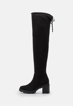 Black over-the-knee boots made of soft suede, featuring a chunky heel and a drawstring closure at the top for adjustable fit.