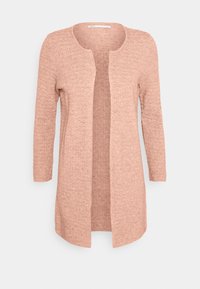 Rosa stickad cardigan med ett strukturerat mönster, öppen front och trekvartsärmar, med rund halsringning och medellång design.