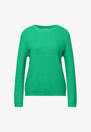 Vihreä pitkähihainen neulepaita pyöreällä pääntiellä ja kolme hopeista nappia vasemmalla olkapäällä.