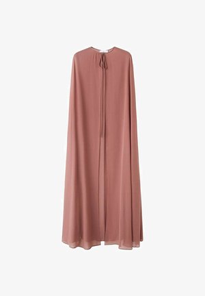 Long dusty rose cape with flowy fabric and a small tied bow closure at the neckline, displayed against a white background.