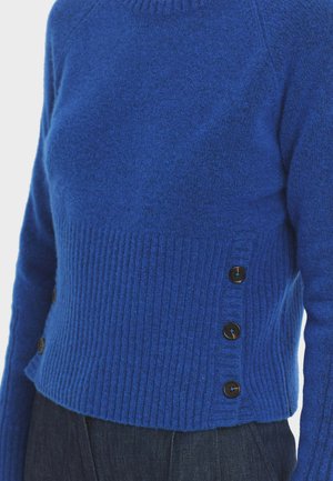 Blue wool sweater featuring a ribbed design and side button accents. Smooth texture with a fitted silhouette and round neckline.
