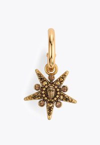 Charm en forme d'étoile dorée avec un design central en coquillage, rehaussé de pierres précieuses marron. Texture lisse, finition métallique et boucle pour fixation.