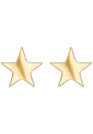 Goldene sternförmige Ohrringe mit einer glatten, glänzenden Oberfläche; mit spitzen Spitzen und abgerundeten Kanten, die einen 3D-Effekt erzeugen.