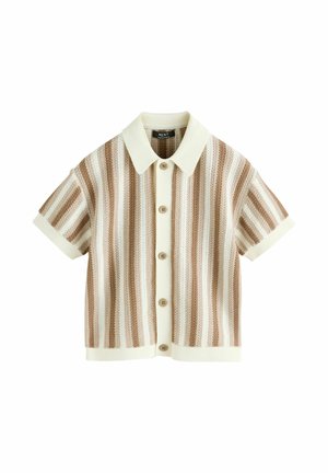 Kurzärmelige Strickjacke mit cremefarbenen, beigen und braunen vertikalen Streifen, cremefarbenem Kragen, Knopfverschluss sowie gerippten Bündchen und Saum.