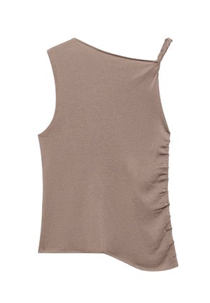Brun, ribbet tank top med en asymmetrisk halsudskæring og en snoet skulderstrop. Har rynket detaljer på siden, glat tekstur.
