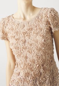 Světle růžový krajkový top zdobený trojrozměrnými appliqué růžemi, s kulatým výstřihem a krátkými rukávy. Texturovaný květinový vzor.