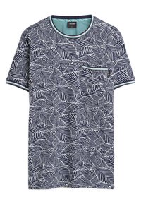Korte mouwen marineblauw T-shirt met een wit bladpatroon, ronde hals met contrasterende bies en een ritszak aan de voorkant.