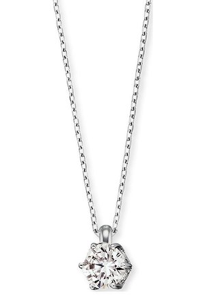 Silberne Kettenhalskette mit einem hexagonalen Kristallanhänger mit facettierter Oberfläche, die Licht reflektiert. Schlichtes Design, poliertes Metall.