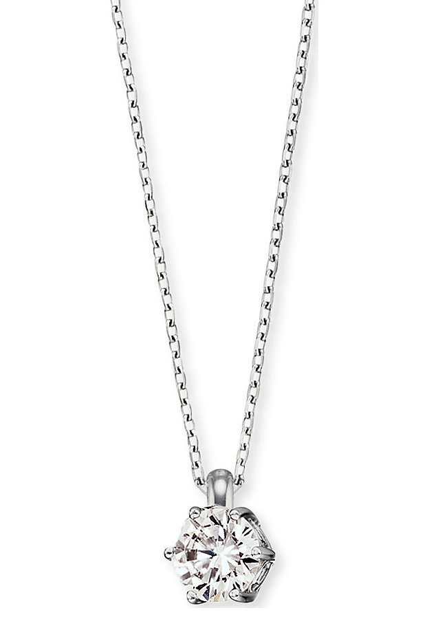 Collana in argento con pendente a forma esagonale in cristallo con superficie sfaccettata, che riflette la luce. Design semplice, metallo lucido.
