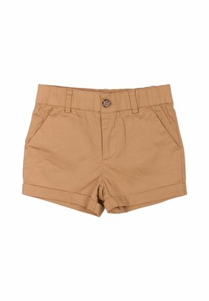 Shorts en coton beige avec fermeture à bouton, dotés de poches avant et de revers roulés. Texture lisse, coupe droite et design simple.