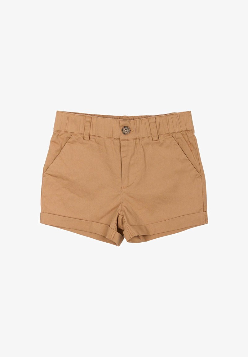 Béžové bavlnené šortky s gombíkovým zapínaním, predné vrecká a ohrnuté manžety. Hladká textúra, priamy strih a jednoduchý dizajn.