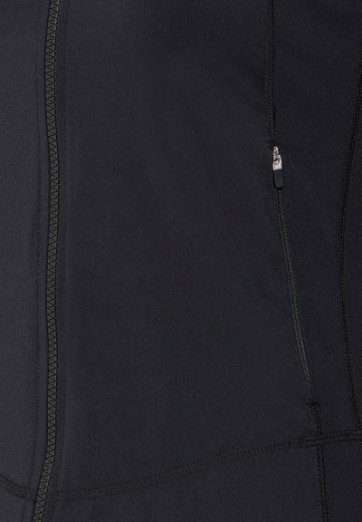 Juodas sportinis švarkas, pasižymintis lygiu paviršiumi, siūlėmis ir šoniniu užtrauktuku. Funkcionalus dizainas su prigludusia forma.