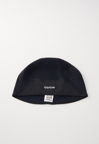 Schwarze Radmütze aus dehnbarem Stoff, mit nahtlosem Design und GripGrab-Logo auf der Vorderseite, sowie einem strukturierten Innenfutter.