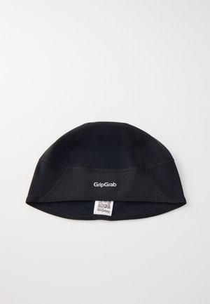 Cappello da ciclismo nero realizzato in tessuto elasticizzato, con un design senza cuciture e logo GripGrab sul davanti, dotato di fodera interna testurizzata.